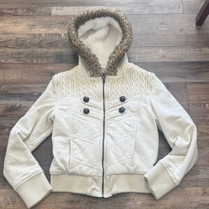 Buffalo David Bitton women Cream Hooded Faux-Fur Trim Jacket size M